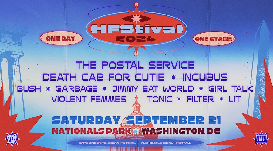 HFStival 2024 concert poster featuring bands such as The Postal Service, Death Cab for Cutie, Incubus, Bush, Garbage, Jimmy Eat World, Girl Talk, Violent Femmes, Tonic, Filter, and Lit. The event is scheduled for Saturday, September 21 at Nationals Park in Washington, DC.