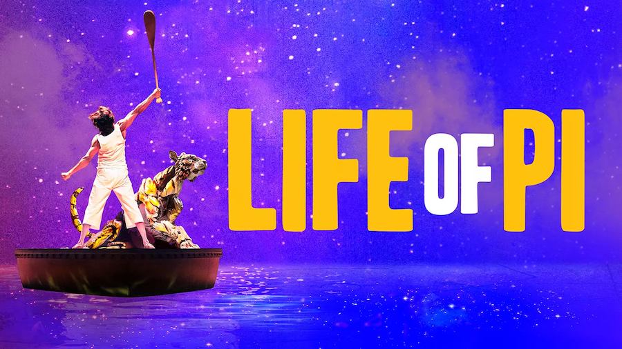 A vibrant promotional image for "Life of Pi" showing the main character standing in a boat with a tiger, holding an oar triumphantly against a backdrop of a starry night sky.