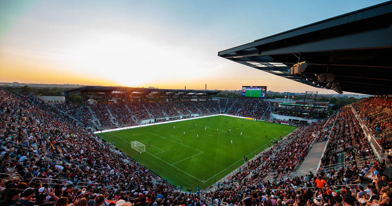 @dcunited - Audi Field at sunset during a D.C. United professional soccer game - Sports venues in Washington, DC