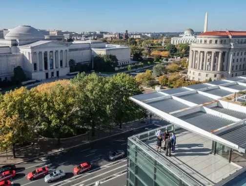 Meeting taking place on the Newseum terrace overlooking Washington, DC's museums and more